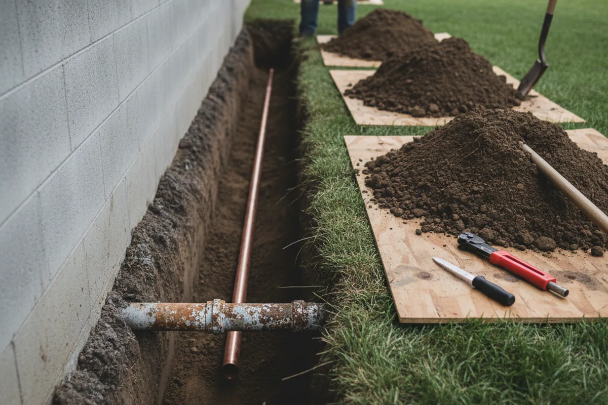 Excavated water line trench during Water Softener Installation in Whitman